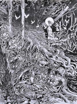 In the Forest of Gods by Abhishek Singh. The pen-and-ink drawing illustrates a clear meditative pose of Buddha in the forest under the Bodhi Tree. (Image courtesy Ojas Art) In the Forest of Gods by Abhishek Singh. The pen-and-ink drawing illustrates a clear meditative pose of Buddha in the forest under the Bodhi Tree. (Image courtesy Ojas Art)