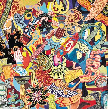 A work made in collaboration by Isaac Gergan, a contemporary artist and Stanzin Nyentak, a thangka artist. (Image courtesy Ojas Art) A work made in collaboration by Isaac Gergan, a contemporary artist and Stanzin Nyentak, a thangka artist. (Image courtesy Ojas Art)