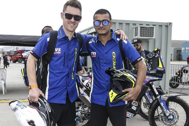 ©Sherco TVS Factory Rally team riders Arvind KP (right) and Adrien Metge. (RallyZone - Edoardo Bauer)