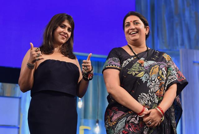 Smriti Irani, Minister of Information and Broadcasting and Television producer Ekta Kapoor at We The Woman summit in Mumbai. (PTI)