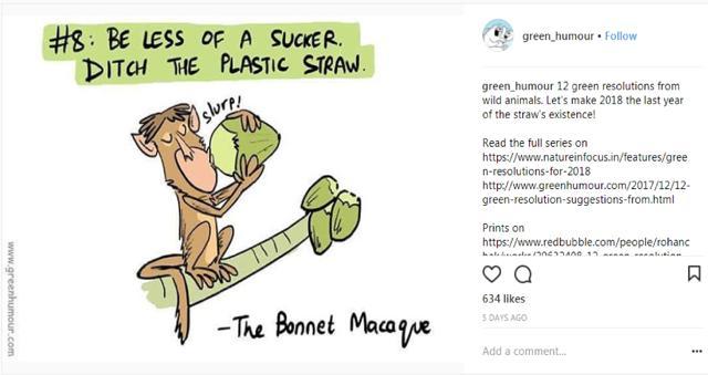 A comic strip on his web column for example illustrates 12 New Year resolutions, based on 12 different, lesser-known animals and their unique characteristics. (green_humour/Instagram) A comic strip on his web column for example illustrates 12 New Year resolutions, based on 12 different, lesser-known animals and their unique characteristics. (green_humour/Instagram)