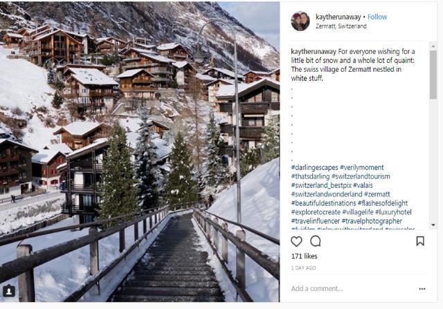 This car-free village is one of the best Switzerland honeymoon spots if mountaineering and skiing is what gets you both pumped up. (Kaytherunaway/Instagram) This car-free village is one of the best Switzerland honeymoon spots if mountaineering and skiing is what gets you both pumped up. (Kaytherunaway/Instagram)