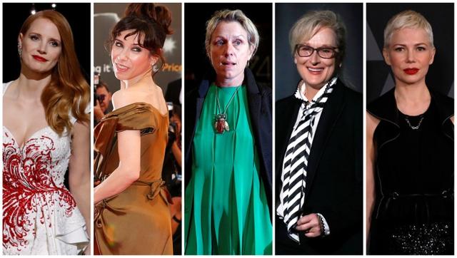 Nominees for the 75th Golden Globe Awards, Best Performance by an Actress in a Motion Picture, Drama category, (L-R) Jessica Chastain, Sally Hawkins, Frances McDormand, Meryl Streep and Michelle Williams are seen in a combination of file photos. (REUTERS) Nominees for the 75th Golden Globe Awards, Best Performance by an Actress in a Motion Picture, Drama category, (L-R) Jessica Chastain, Sally Hawkins, Frances McDormand, Meryl Streep and Michelle Williams are seen in a combination of file photos. (REUTERS)