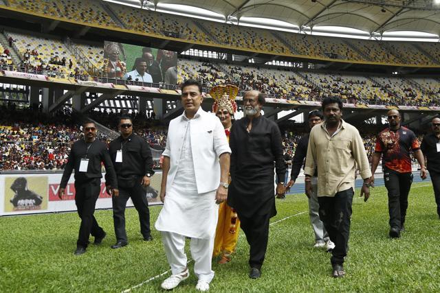 Superstars Kamal Haasan and Rajinikanth arrive at an event in Kuala Lumpur on Saturday. (AP) Superstars Kamal Haasan and Rajinikanth arrive at an event in Kuala Lumpur on Saturday. (AP)