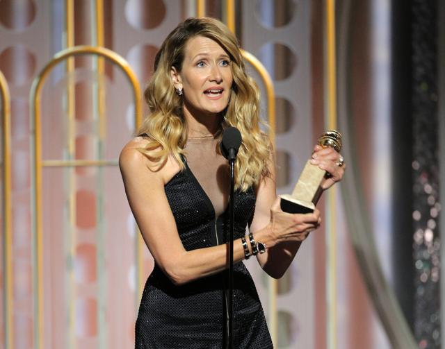 Laura Dern accepting the award for best supporting actress in a series, limited series or motion picture made for TV for her role in Big Little Lies. (AP)