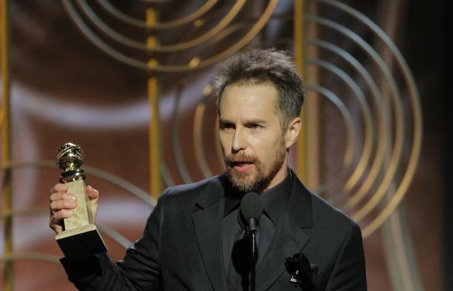 This image released by NBC shows Sam Rockwell accepting the award for best supporting actor in a motion. (AP)