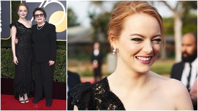 Emma Stone arrives with Billie Jean King.