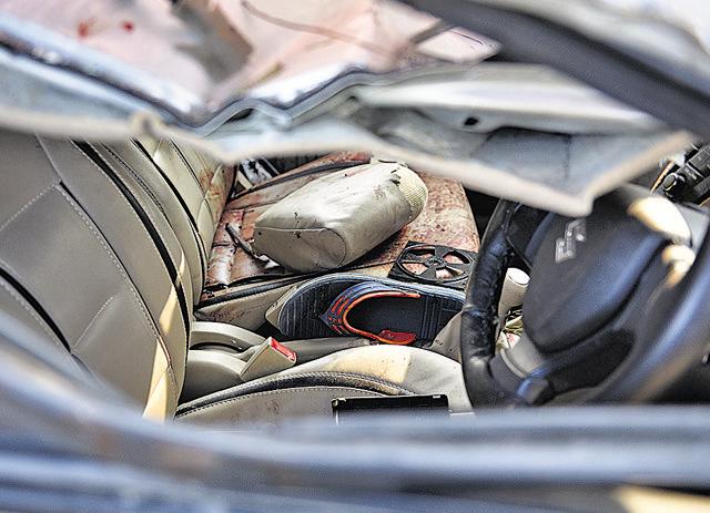The wreckage of the car seen after the accident near Singhu border early on Sunday morning. (Arvind Yadav/HT Photo) The wreckage of the car seen after the accident near Singhu border early on Sunday morning. (Arvind Yadav/HT Photo)