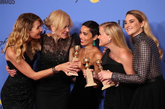 Laura Dern, Nicole Kidman, Zoe Kravitz, Reese Witherspoon and Shailene Woodley pose backstage after winning the award for Best Television Limited Series or Motion Picture Made for Television for Big Little Lies. (REUTERS)