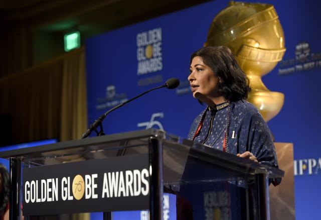 HFPA President Meher Tatna speaks before the nominations for the 75th Annual Golden Globe Awards at the Beverly Hilton. (Chris Pizzello/Invision/AP) HFPA President Meher Tatna speaks before the nominations for the 75th Annual Golden Globe Awards at the Beverly Hilton. (Chris Pizzello/Invision/AP)