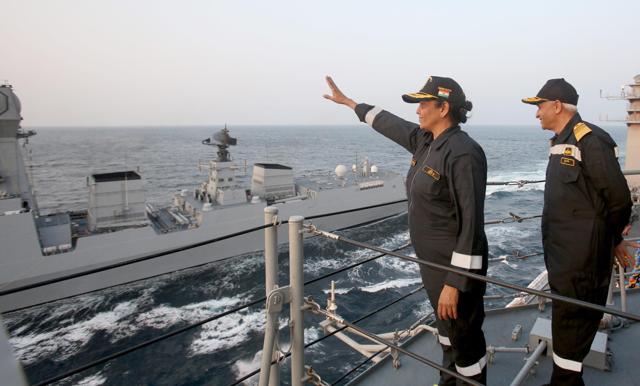 Defence minister Nirmala Sitharaman with Chief of Naval Staff, Admiral Sunil Lanba on-board INS Vikramaditya, during the operational manoeuvres of the Western Fleet ships, conducted by the Indian Navy, on January 8. (PIB Photo) Defence minister Nirmala Sitharaman with Chief of Naval Staff, Admiral Sunil Lanba on-board INS Vikramaditya, during the operational manoeuvres of the Western Fleet ships, conducted by the Indian Navy, on January 8. (PIB Photo)