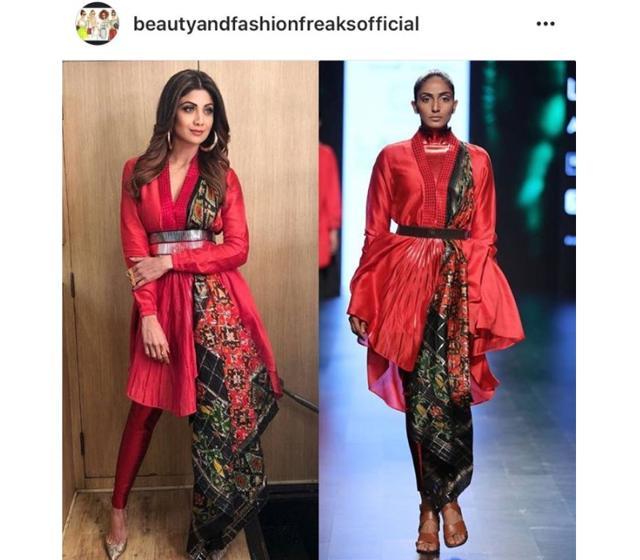 Shilpa (left) has made some brilliant and sartorially bold fashion choices in her time, but this bold outfit made with a vintage Patola sari certainly wasn’t one of them. A model in the Amit Aggarwal creation from his show titled Seamless at Lakme Fashion Week Summer/Resort 2017 in February, 2017. (Instagram/ Beautyandfashionfreaks) Shilpa (left) has made some brilliant and sartorially bold fashion choices in her time, but this bold outfit made with a vintage Patola sari certainly wasn’t one of them. A model in the Amit Aggarwal creation from his show titled Seamless at Lakme Fashion Week Summer/Resort 2017 in February, 2017. (Instagram/ Beautyandfashionfreaks)