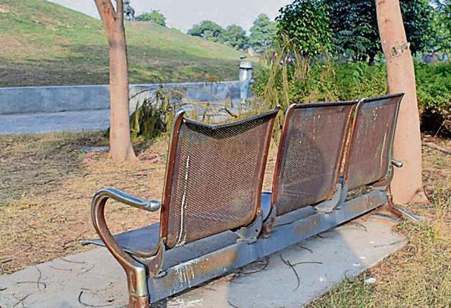 Rusted chairs inside the memorial, which is spread over 20 acre. The project was completed at a cost of nearly Rs 36 crore in 11 months and was inaugurated by the then Punjab chief minister Prakash Singh Badal in 2011. (Sikander Singh/HT)