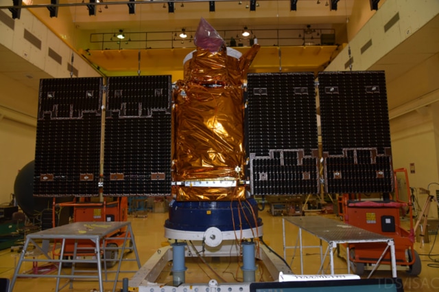 Cartosat-2 series satellite undergoing solar panel deployment test. (ISRO website)