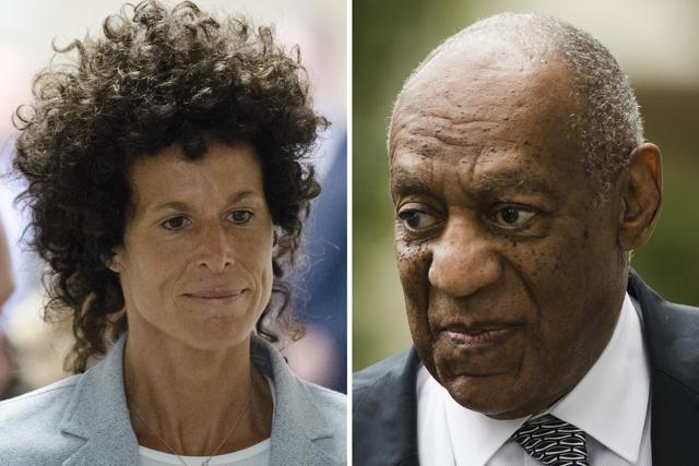 This combination of file photos shows Andrea Constand, left, walking to the courtroom during Bill Cosby's sexual assault trial June 6, 2017, at the Montgomery County Courthouse in Norristown, Pa.; and Bill Cosby, right, arriving for his sexual assault trial June 16, 2017, at the Montgomery County Courthouse in Norristown, Pa. (AP File Photo)
