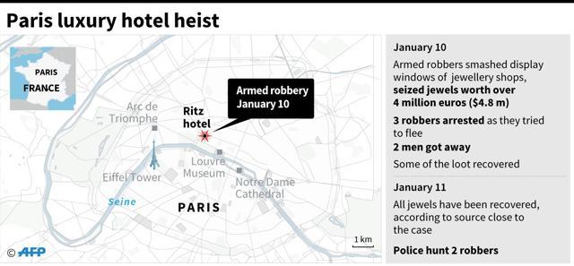 Paris map locating armed robbery in Ritz hotel on January 10. (AFP) Paris map locating armed robbery in Ritz hotel on January 10. (AFP)