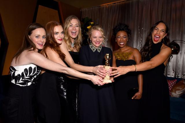 Alexis Bledel, Madeline Brewer, Yvonne Strahovski, Elisabeth Moss, Samira Wiley and Amanda Brugel attend FOX, FX and Hulu 2018 Golden Globe Awards After Party. (AFP) Alexis Bledel, Madeline Brewer, Yvonne Strahovski, Elisabeth Moss, Samira Wiley and Amanda Brugel attend FOX, FX and Hulu 2018 Golden Globe Awards After Party. (AFP)