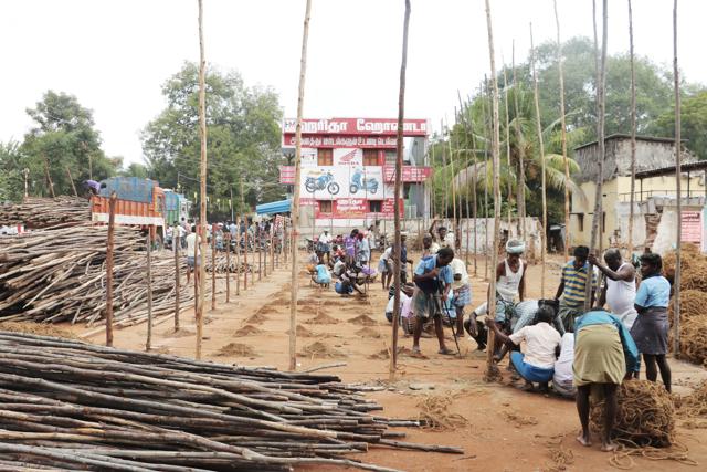Workers set up spectator stands for Jallikattu events. (Moses Abishek / HT Photo) Workers set up spectator stands for Jallikattu events. (Moses Abishek / HT Photo)