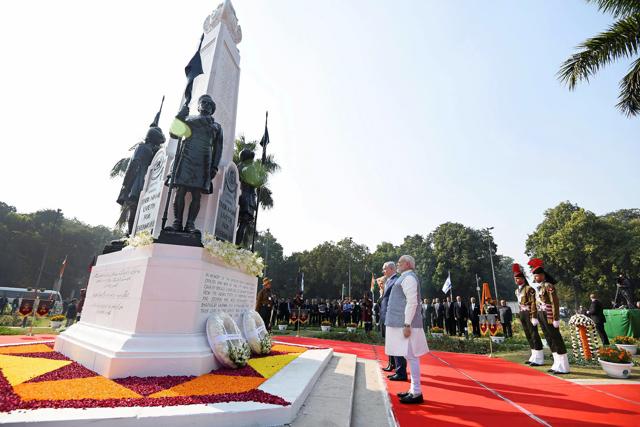 Prime Minister Narendra Modi and his Israeli counterpart Benjamin Netanyahu attend a ceremony at the Teen Murti Memorial in New Delhi to mark the formal renaming of the Teen Murti Chowk as Teen Murti Haifa Chowk on Sunday. (PTI) Prime Minister Narendra Modi and his Israeli counterpart Benjamin Netanyahu attend a ceremony at the Teen Murti Memorial in New Delhi to mark the formal renaming of the Teen Murti Chowk as Teen Murti Haifa Chowk on Sunday. (PTI)