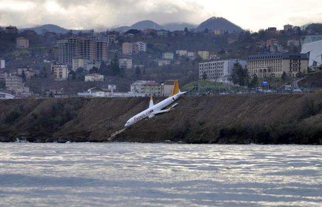 A Boeing 737-800 of Turkey's Pegasus Airlines after skidding off the runway downhill towards the sea at the airport in Trabzon, Turkey. (AP Photo)