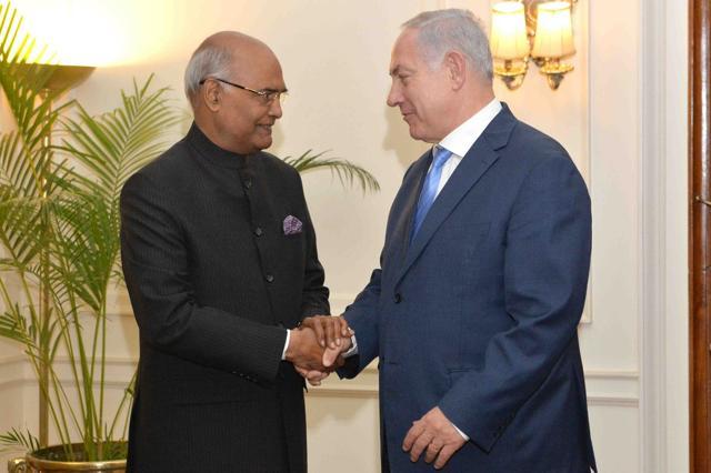Israel Prime Minister Benjamin Netanyahu meets President Ram Nath Kovind at Rashtrapati Bhavan in New Delhi on Monday. (Twitter) Israel Prime Minister Benjamin Netanyahu meets President Ram Nath Kovind at Rashtrapati Bhavan in New Delhi on Monday. (Twitter)