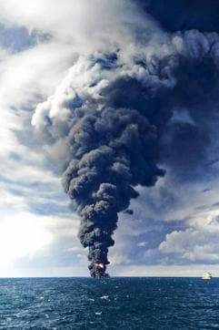 In this Sunday, Jan. 14, 2018 photo provided by China's Ministry of Transport, smokes and frames from the burning Iranian oil tanker Sanchi in the East China Sea off the eastern coast of China. (AP) In this Sunday, Jan. 14, 2018 photo provided by China's Ministry of Transport, smokes and frames from the burning Iranian oil tanker Sanchi in the East China Sea off the eastern coast of China. (AP)