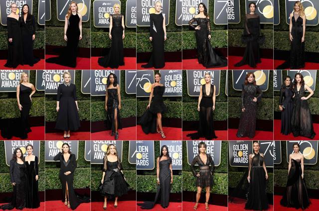 Meryl Streep (L) and Ai-jen Poo, Jessica Chastain, Nicole Kidman, Saoirse Ronan, Penelope Cruz, Angelina Jolie, Laura Dern, Dakota Johnson, Reese Witherspoon, Elizabeth Moss, Kerry Washington, Heidi Klum, Kate Hudson, Isabelle Huppert, Emilia Clarke, Salma Hayek (L) and Ashley Judd, America Ferrera (L) and Natalie Portman, Eva Longoria, Sarah Jessica Parker, Naomi Campbell, Alison Brie, Halle Berry, Diane Kruger, and Jessica Biel attend the 75th Annual Golden Globe Awards at the Beverly Hilton Hotel on January 7, 2018 in Beverly Hills, wearing black dresses to draw attention to sexual harassment in showbiz and other industries, a culture of abuse revealed in the downfall of mogul Harvey Weinstein and others. (AFP) Meryl Streep (L) and Ai-jen Poo, Jessica Chastain, Nicole Kidman, Saoirse Ronan, Penelope Cruz, Angelina Jolie, Laura Dern, Dakota Johnson, Reese Witherspoon, Elizabeth Moss, Kerry Washington, Heidi Klum, Kate Hudson, Isabelle Huppert, Emilia Clarke, Salma Hayek (L) and Ashley Judd, America Ferrera (L) and Natalie Portman, Eva Longoria, Sarah Jessica Parker, Naomi Campbell, Alison Brie, Halle Berry, Diane Kruger, and Jessica Biel attend the 75th Annual Golden Globe Awards at the Beverly Hilton Hotel on January 7, 2018 in Beverly Hills, wearing black dresses to draw attention to sexual harassment in showbiz and other industries, a culture of abuse revealed in the downfall of mogul Harvey Weinstein and others. (AFP)