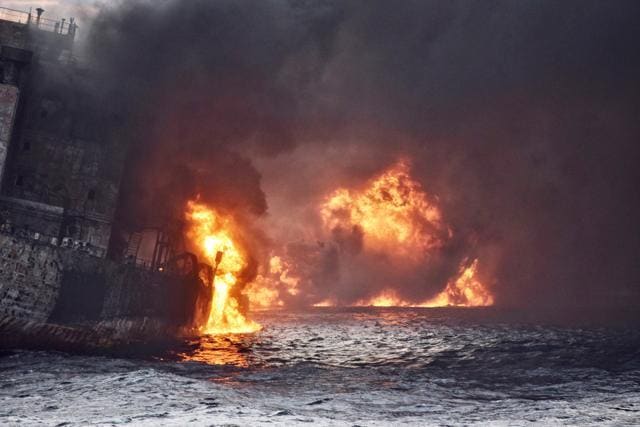 Iranian oil tanker Sanchi is seen engulfed in fire in the East China Sea, in this January 13, 2018 picture provided by Shanghai Maritime Search and Rescue Centre and released by China Daily. (REUTERS) Iranian oil tanker Sanchi is seen engulfed in fire in the East China Sea, in this January 13, 2018 picture provided by Shanghai Maritime Search and Rescue Centre and released by China Daily. (REUTERS)