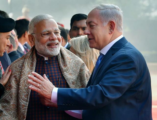 Israel’s leader Benjamin Netanyahu introduces his delegation to Prime Minister Narendra Modi during a ceremonial reception for the visiting premier at the Rashtrapati Bhawan in Delhi on January 15. (PTI) Israel’s leader Benjamin Netanyahu introduces his delegation to Prime Minister Narendra Modi during a ceremonial reception for the visiting premier at the Rashtrapati Bhawan in Delhi on January 15. (PTI)