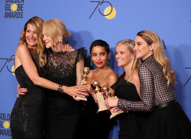 Laura Dern, Nicole Kidman, Zoe Kravitz, Reese Witherspoon and Shailene Woodley pose backstage after winning the award for Best Television Limited Series or Motion Picture Made for Television for Big Little Lies. (REUTERS) Laura Dern, Nicole Kidman, Zoe Kravitz, Reese Witherspoon and Shailene Woodley pose backstage after winning the award for Best Television Limited Series or Motion Picture Made for Television for Big Little Lies. (REUTERS)