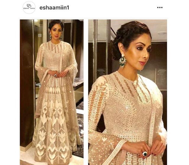 Sridevi wore an eye-catching embellished anarkali gown by designer duo Falguni-Shane Peacock for Umang 2018. (Instagram/ eshaamiin1)