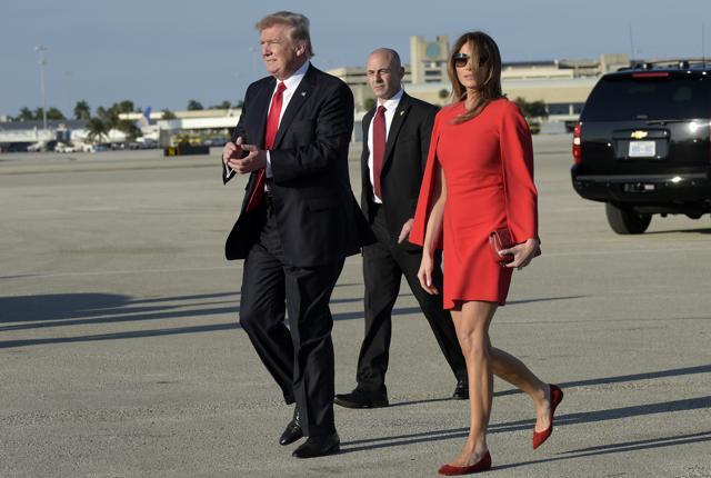 France's First Lady Pops in Red Dress & Graphic Block Heels With Melania  Trump