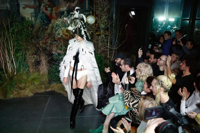 A model presents a creation by Palomo Spain. (AFP/Patrick Kovarik) A model presents a creation by Palomo Spain. (AFP/Patrick Kovarik)