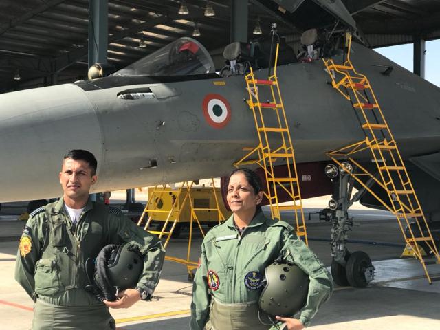 Defence minister Nirmala Sitharaman in a flying G-suit before taking off in a SU 30MKI. (ANI Twitter) Defence minister Nirmala Sitharaman in a flying G-suit before taking off in a SU 30MKI. (ANI Twitter)