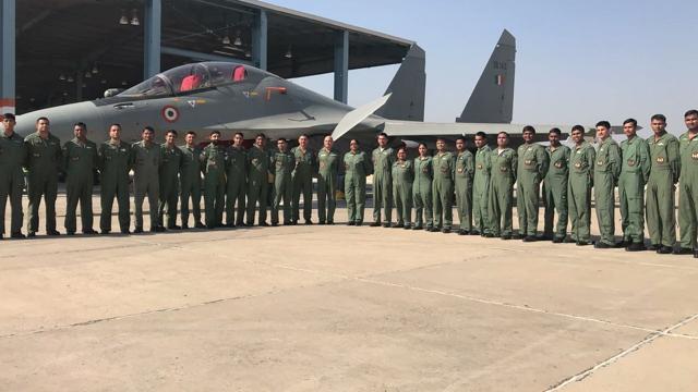 Air Warriors at the Air Force Station in Jodhpur with defence minister Nirmala Sitharaman before the sortie. (@DefenceMinIndia/Twitter) Air Warriors at the Air Force Station in Jodhpur with defence minister Nirmala Sitharaman before the sortie. (@DefenceMinIndia/Twitter)