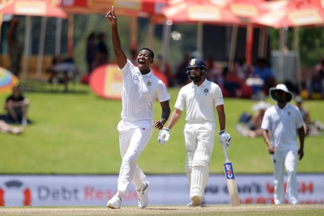 South African bowler Lungi Ngidi (L) celebrates the dismissal of Indian batsman Hardik Pandya (not in picture) during the fifth day of the second Test in Centurion on Wednesday. (AFP) South African bowler Lungi Ngidi (L) celebrates the dismissal of Indian batsman Hardik Pandya (not in picture) during the fifth day of the second Test in Centurion on Wednesday. (AFP)