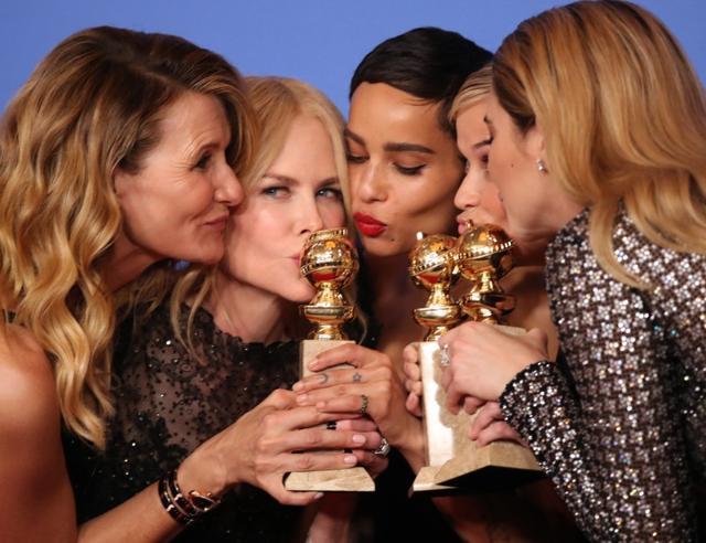 Laura Dern, Nicole Kidman, Zoe Kravitz, Reese Witherspoon and Shailene Woodley pose backstage after winning the award for Best Television Limited Series or Motion Picture Made for Television for Big Little Lies. (REUTERS) Laura Dern, Nicole Kidman, Zoe Kravitz, Reese Witherspoon and Shailene Woodley pose backstage after winning the award for Best Television Limited Series or Motion Picture Made for Television for Big Little Lies. (REUTERS)