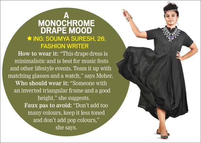 Soumya wears a matha-patti, necklace and ring from Paralove, drape dress from The Silk Tree and jutis from NeedleDust (Raj K Raj)