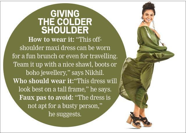 Soumya wears an off-shoulder maxi dress from Paralove, feather earrings and necklace from Cajal Mandira and sandals from H&amp;M (Raj K Raj)
