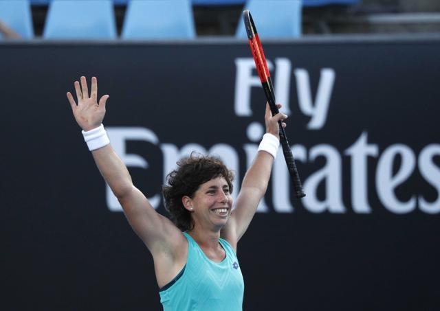 Spain's Carla Suarez Navarro celebrates winning her match against Estonia's Kaia Kanepi. (REUTERS) Spain's Carla Suarez Navarro celebrates winning her match against Estonia's Kaia Kanepi. (REUTERS)