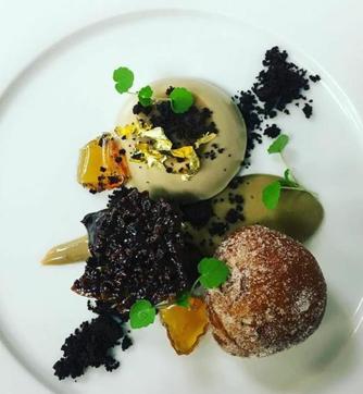 Coffee panacotta and cinnamon sugar doughnut. Coffee panacotta and cinnamon sugar doughnut.