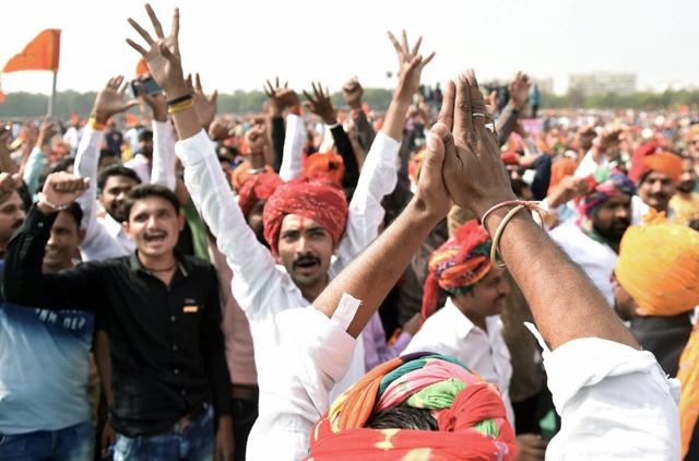 Gandhinagar: Members of Sri Rajput Karni Sena shout slogans during a massive protest rally against Sanjay Leela Bhansali's movie Padmaavat. (PTI) Gandhinagar: Members of Sri Rajput Karni Sena shout slogans during a massive protest rally against Sanjay Leela Bhansali's movie Padmaavat. (PTI)