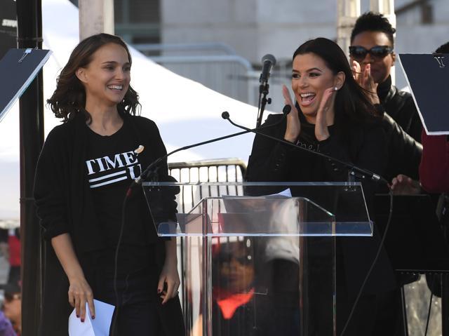 (L-R) Actors Natalie Portman and Eva Longoria speak to the 500,000 strong crowd during the Women's Rally on the one-year anniversary of the first Women's March, when millions marched around the world to protest US President Donald Trump's inauguration, in Los Angeles. (AFP) (L-R) Actors Natalie Portman and Eva Longoria speak to the 500,000 strong crowd during the Women's Rally on the one-year anniversary of the first Women's March, when millions marched around the world to protest US President Donald Trump's inauguration, in Los Angeles. (AFP)