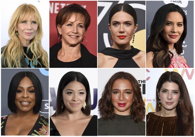 This combination photo shows, top row from left, Rosanna Arquette, SAG-AFTRA President Gabrielle Carteris, Mandy Moore, Olivia Munn and bottom row from left, Niecy Nash, Gina Rodriguez, Maya Rudolph and Marisa Tomei, who will present awards at Sunday's Screen Actors Guild Awards. (AP Photo) (AP) This combination photo shows, top row from left, Rosanna Arquette, SAG-AFTRA President Gabrielle Carteris, Mandy Moore, Olivia Munn and bottom row from left, Niecy Nash, Gina Rodriguez, Maya Rudolph and Marisa Tomei, who will present awards at Sunday's Screen Actors Guild Awards. (AP Photo) (AP)