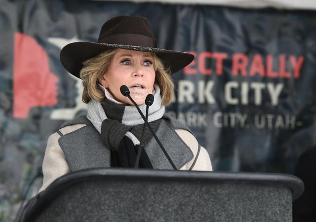 Activist and actress Jane Fonda speaks at Rally Park City to celebrate community victories, honoring the one-year anniversary of the Women's March and Park City's March on Main on January 20. (AFP) Activist and actress Jane Fonda speaks at Rally Park City to celebrate community victories, honoring the one-year anniversary of the Women's March and Park City's March on Main on January 20. (AFP)