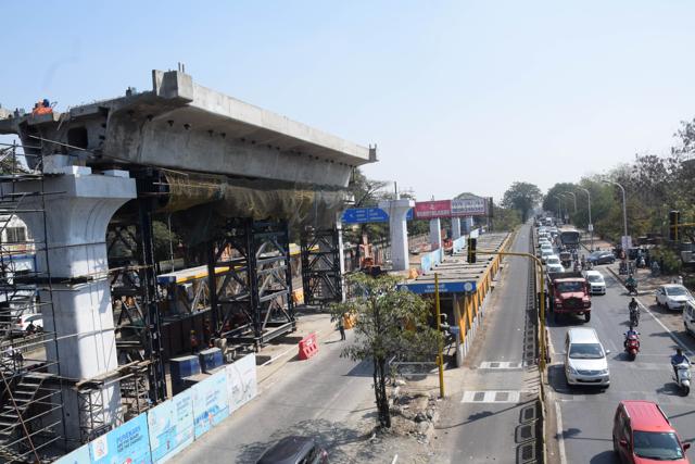 The Metro work in progress in Pune. (HT PHOTO) The Metro work in progress in Pune. (HT PHOTO)