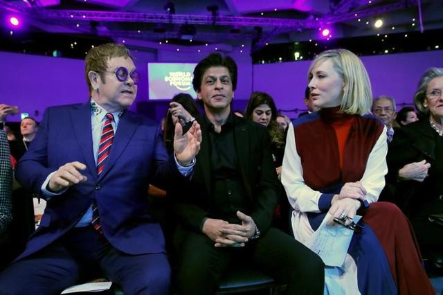 Actor Cate Blanchett, actor Shah Rukh Khan and singer Elton John are pictured at the Crystal Awards ceremony of the annual meeting of the World Economic Forum (WEF) in Davos. (Reuters)