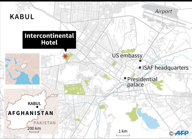 Map of Kabul locating Intercontinental Hotel, which was attacked by the Taliban over the weekend. (AFP) Map of Kabul locating Intercontinental Hotel, which was attacked by the Taliban over the weekend. (AFP)