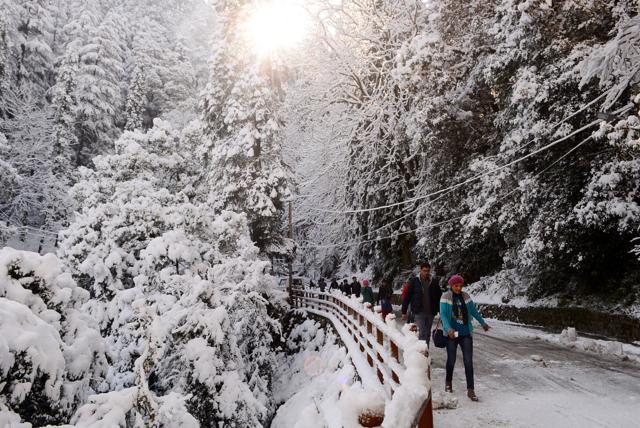 People make their way a white Shimla on Wednesday. (Deepak Sansta/HT) People make their way a white Shimla on Wednesday. (Deepak Sansta/HT)