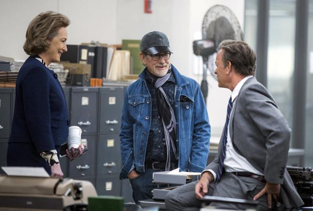 This image released by 20th Century Fox shows actress Meryl Streep, from left, director Steven Spielberg, and actor Tom Hanks on the set of The Post. Spielberg was not nominated for an Oscar for best director, Tuesday, Jan. 23, 2018. (AP)